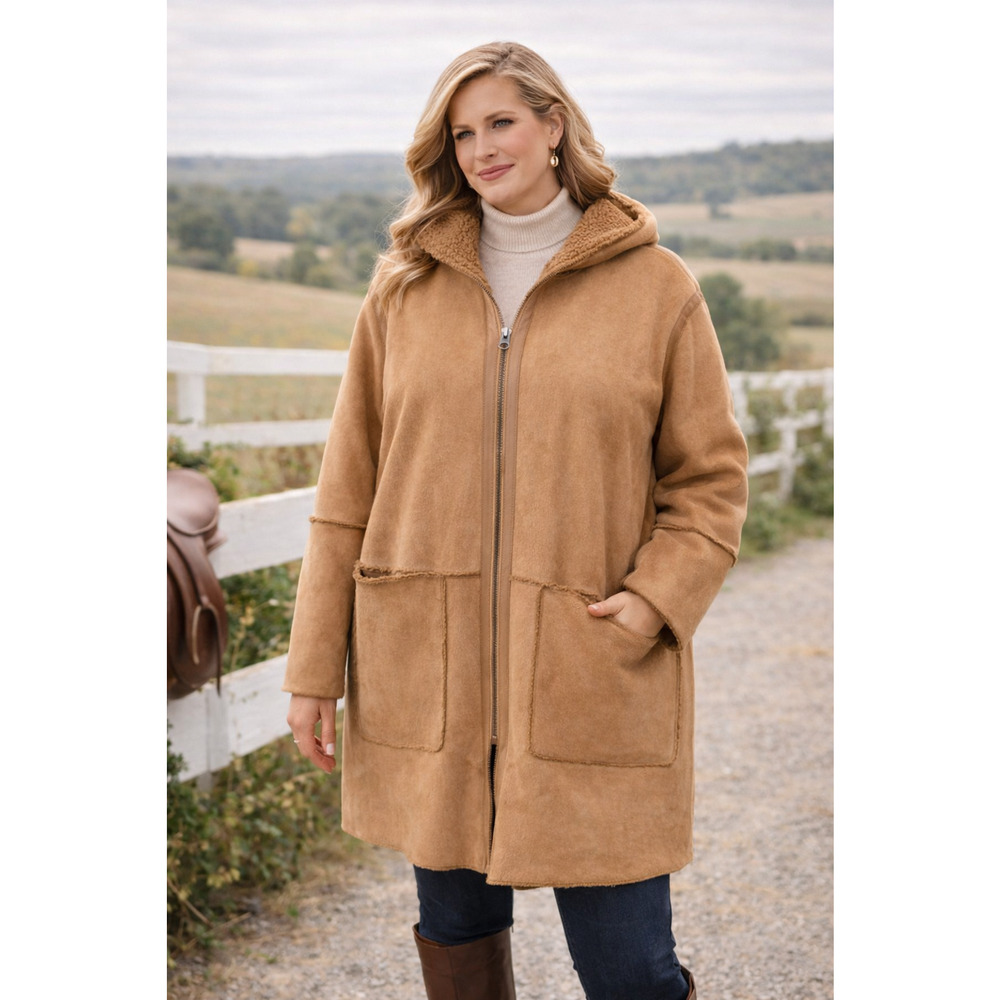 Womens Suede Shearling Lined Long Coat Size XXL Barn Equestrian Country Style